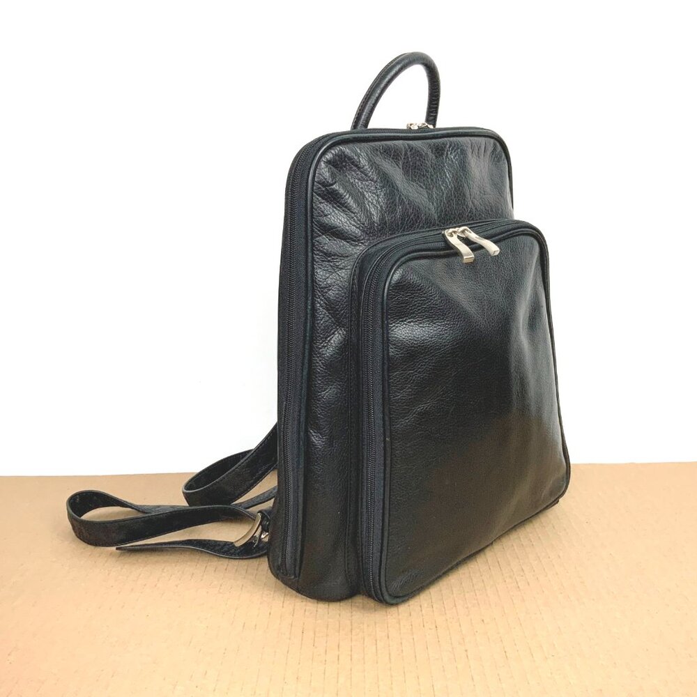 Genuine Leather Medium Black Backpack Organizer Business Travel - Picture 7 of 16